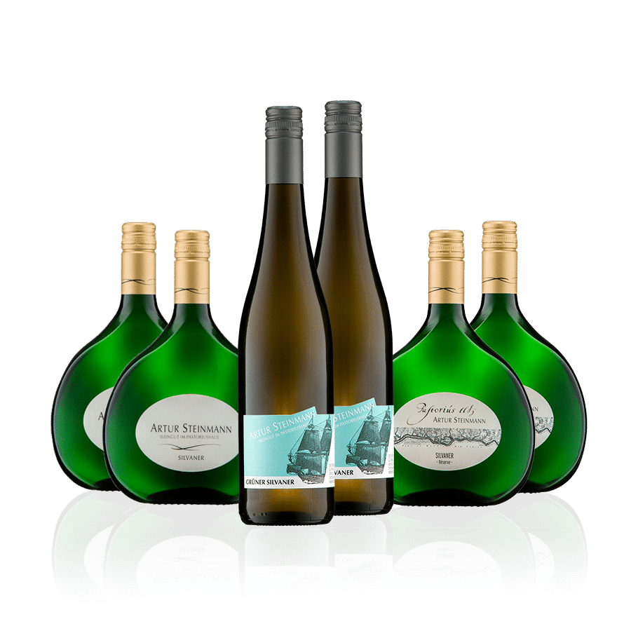 Weinpaket "Silvaner Trilogie", bestehend aus 6 Flaschen: Zwei Bocksbeutel Silvaner, zwei Bocksbeutel Silvaner Réserve und zwei Flaschen Grüner Silvaner